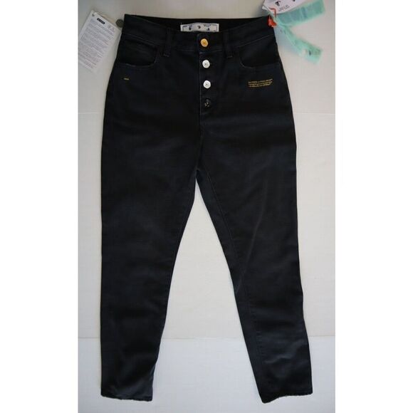 Off-White Women's Sz 26 Black Slogan-Print Straight High-Rise Denim Jeans